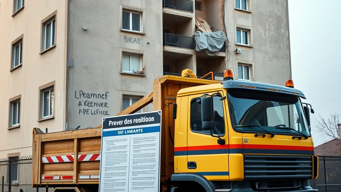 Camion de démolition devant un immeuble à rénover.