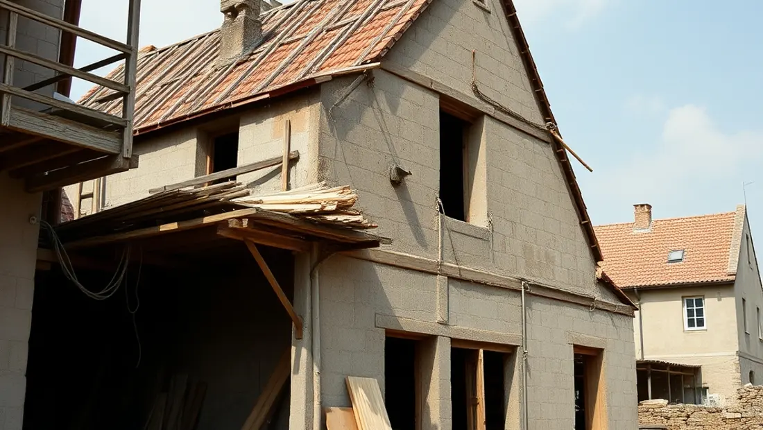 Artisans travaillant sur les toits d'un bâtiment en construction