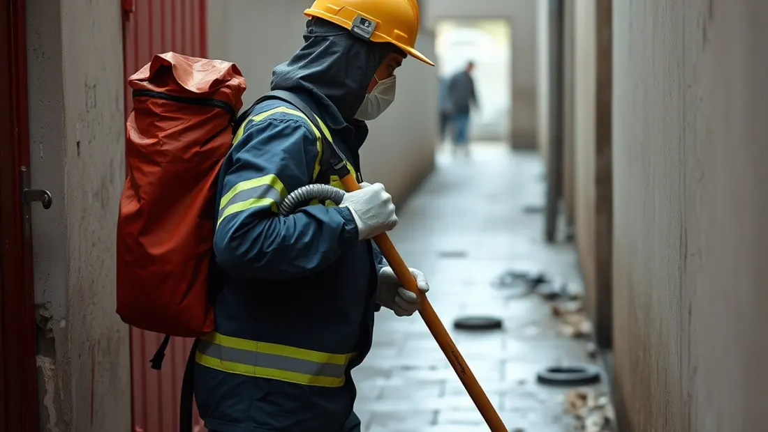 Ouvrier en scaphandre nettoyant un endroit contaminé